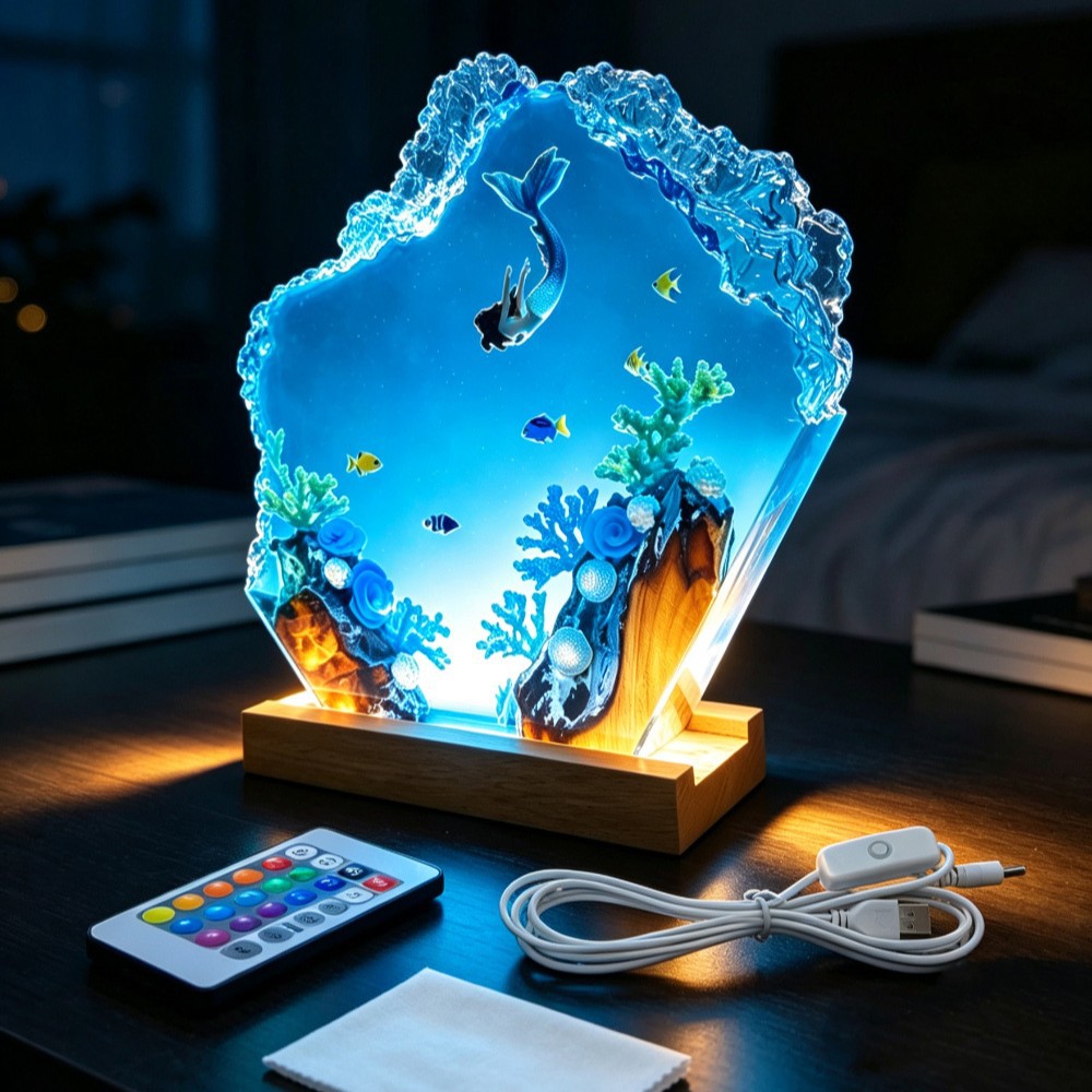深海人魚エポキシ彫刻オーナメント無垢材樹脂発光ホームデコレー - Woodworking Resin のレビューと価格