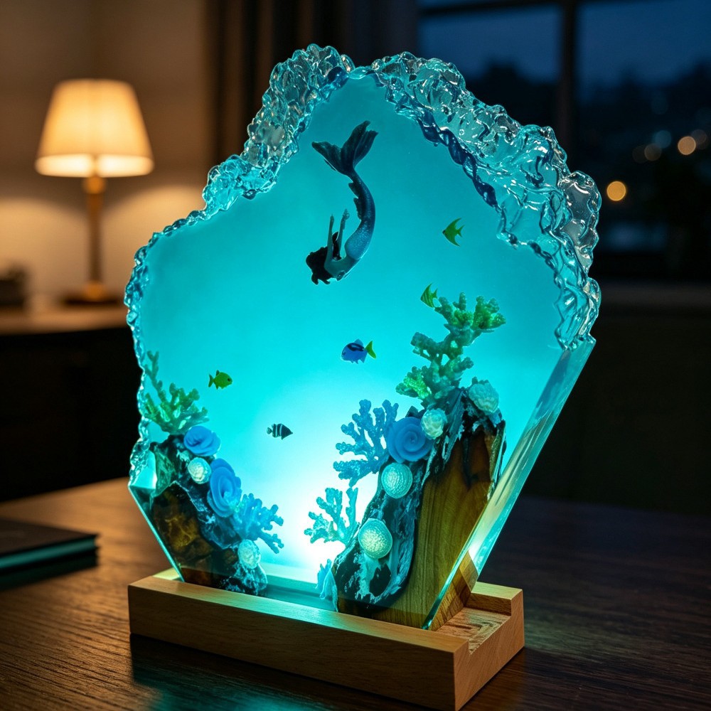 深海人魚エポキシ彫刻オーナメント無垢材樹脂発光ホームデコレー - Woodworking Resin のレビューと価格